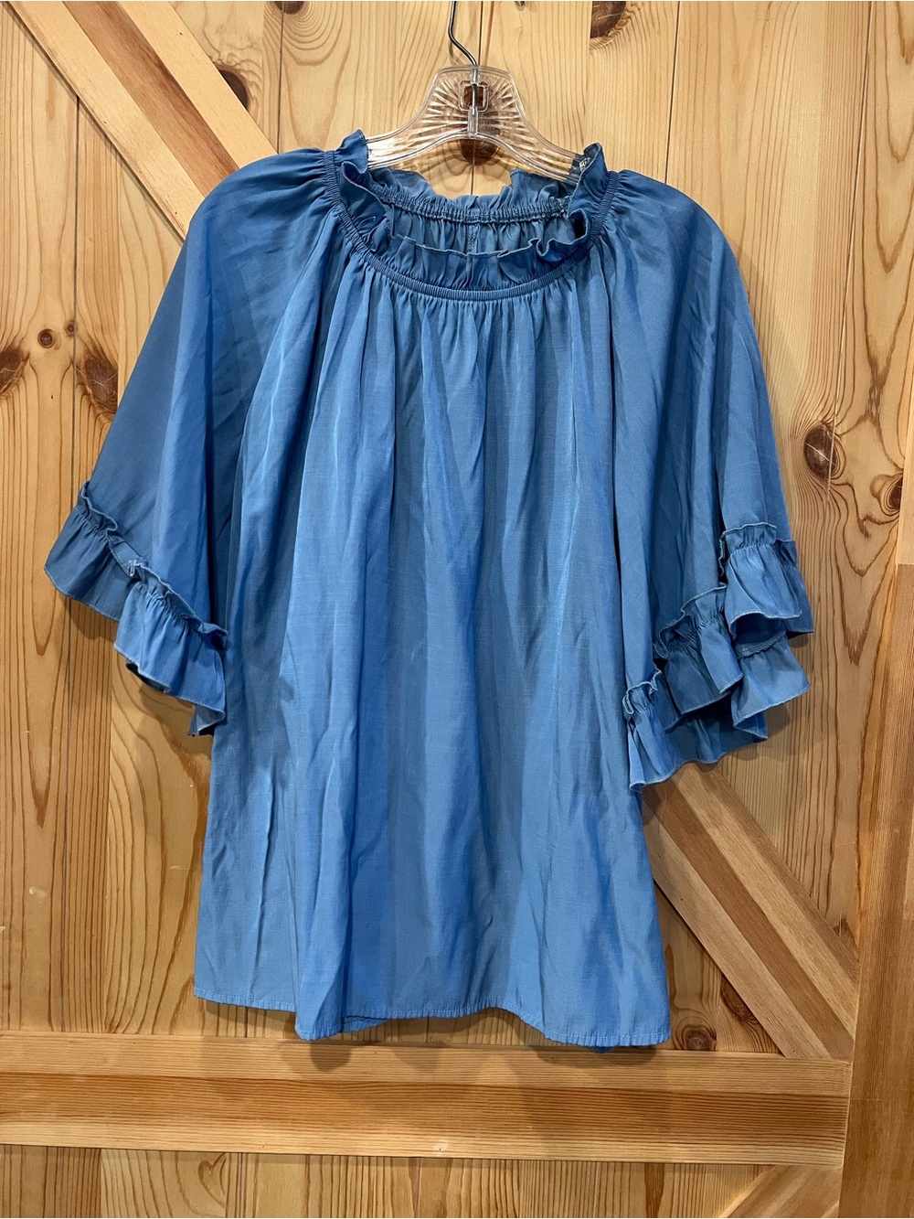 SHEIN Blue Ruffle Sleeve Peasant Top